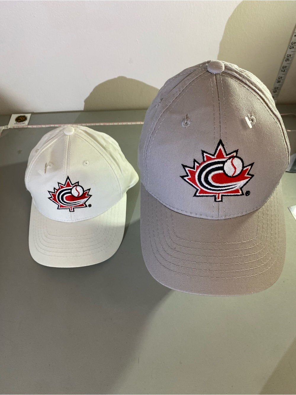 2 Hats White & Gray Baseball Caps with Red & Black Canada WBC